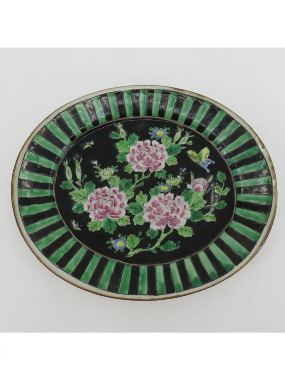 Antique Nippon 12.25in Pink Flower Black Green Stripe Oval Platter Plate Japan